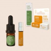 Cantura SOS-CBD-Mundspray 20% Mango & Cantura Akut 12% | Mini 5 ml Bio-CBD-Öl Bundle Flaschen & Verpackungen stehend
