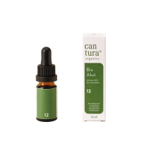 Cantura Akut 12% 10 ml Bio-CBD-Öl Fläschchen mit Verpackung vor weißem Hintergrund