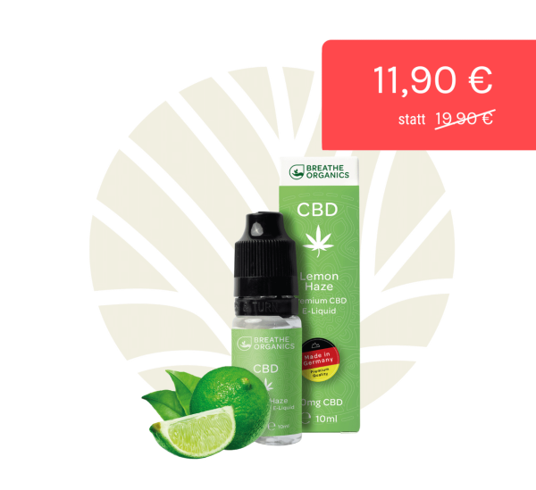 Breathe Organics CBD E-Liquid Lemon Haze 300mg Flasche & Verpackung & Rabatt