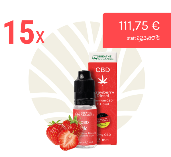 Breathe Organics Vorteilsbundle CBD E-Liquid Strawberry Diesel 10ml Flasche & Verpackung & Rabatt