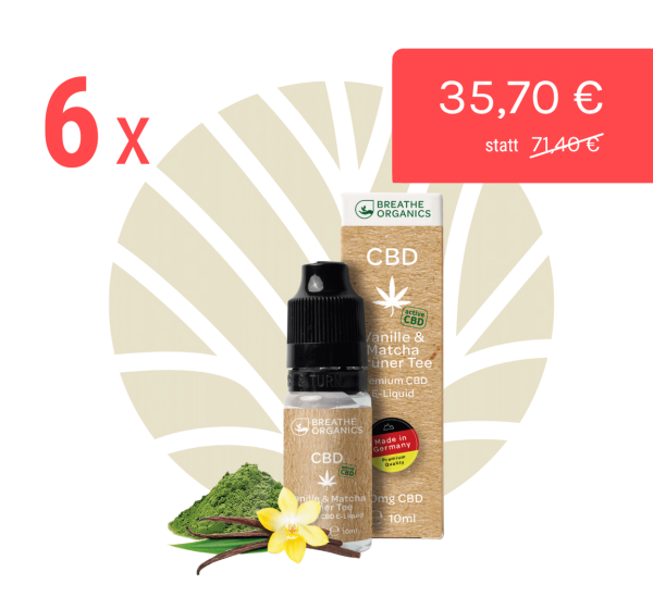 Breathe Organics Vorteilsbundle CBD E-Liquid Vanille & Matcha Grüner Tee 10ml Flasche & Verpackung & Rabatt