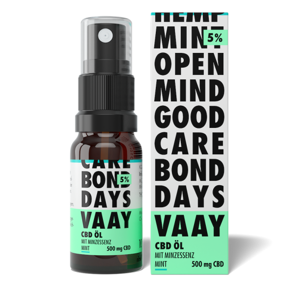 VAAY CBD-ÖL-MUNDSPRAY Mint 5% 10 ml Sprayflasche & Verpackung