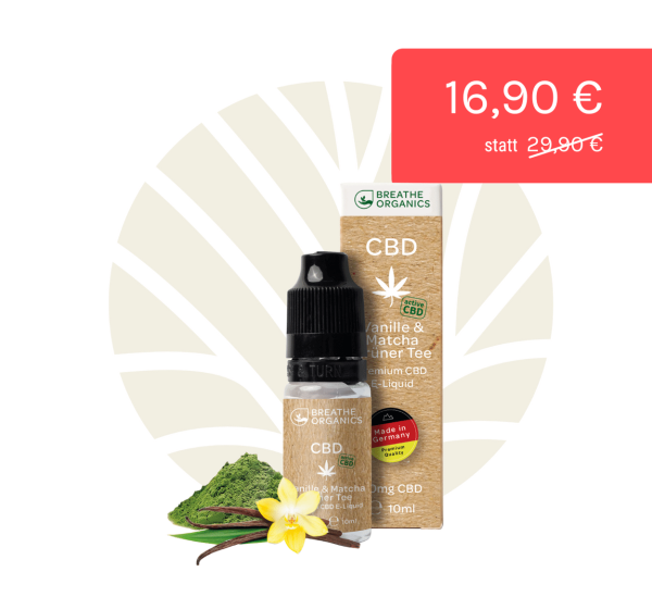Breathe Organics active CBD E Liquid Vanille & Matcha Grüner Tee 600mg Flasche & Verpackung & Rabatt
