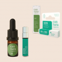 Cantura SOS-CBD-Mundspray 20% Minze & Cantura Akut 12% | Mini 5 ml Bio-CBD-Öl Bundle Flaschen & Verpackungen stehend