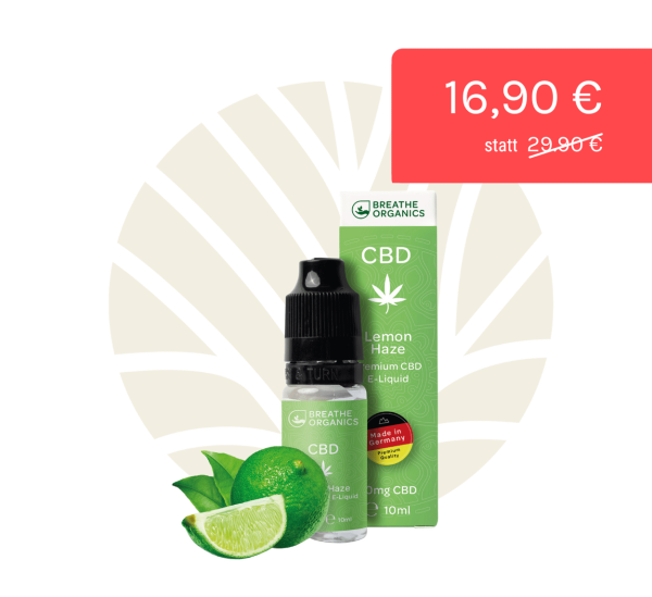 Breathe Organics CBD E-Liquid Lemon Haze 600mg Flasche & Verpackung & Rabatt