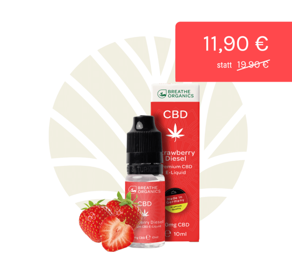 Breathe Organics CBD E-Liquid Strawberry Diesel 300mg Flasche & Verpackung & Rabatt