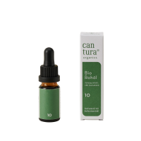 Cantura Raw 10% 10 ml Bio-CBD-Öl Fläschchen mit Verpackung vor weißem Hintergrund