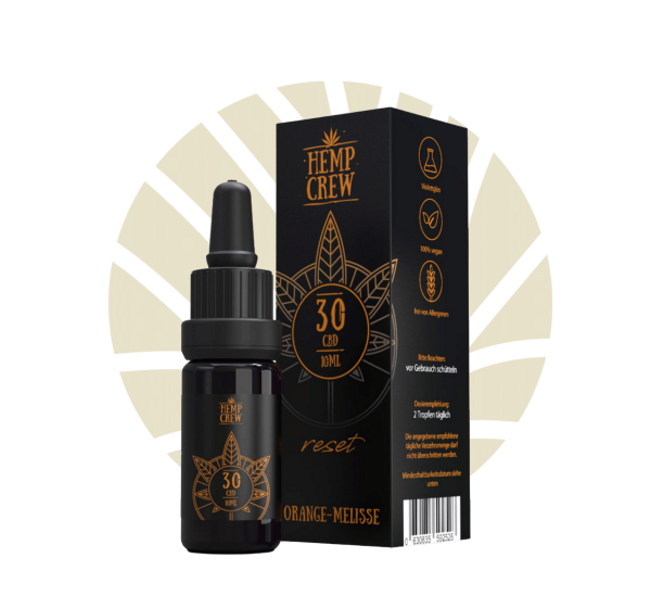 Hemp Crew CBD Öl Orange/Melisse 30% 10 ml Flasche & Verpackung
