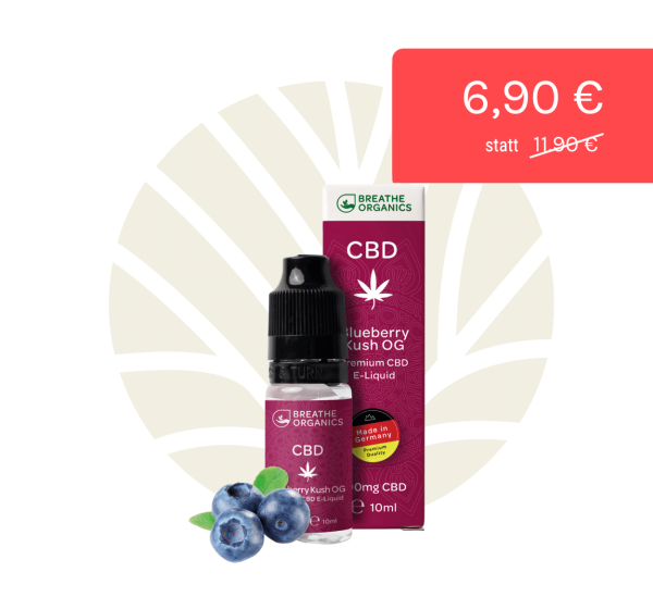 Breathe Organics CBD E-Liquid Blueberry Kush 100mg Flasche & Verpackung & Rabatt