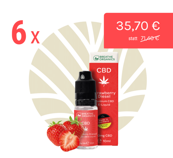 Breathe Organics Vorteilsbundle CBD E-Liquid Strawberry Diesel 10ml Flasche & Verpackung & Rabatt