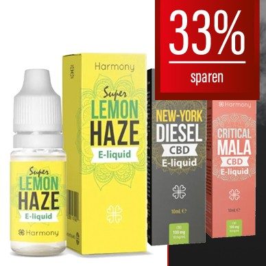 3 X Harmony E Liquid 100mg CBD | Lemon Haze, New York Diesel und Critical Malaga