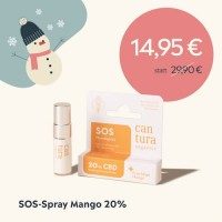 Cantura SOS-Mundspray 20% CBD - Mangogeschmack Spray Dose mit Verpackung Front mit Rabatt
